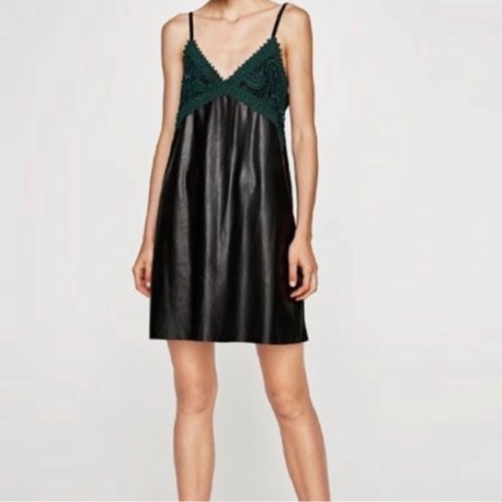 ZARA Trafaluc size Medium Faux Leather Slipdress Black/Dark‎ Green Lace NWT